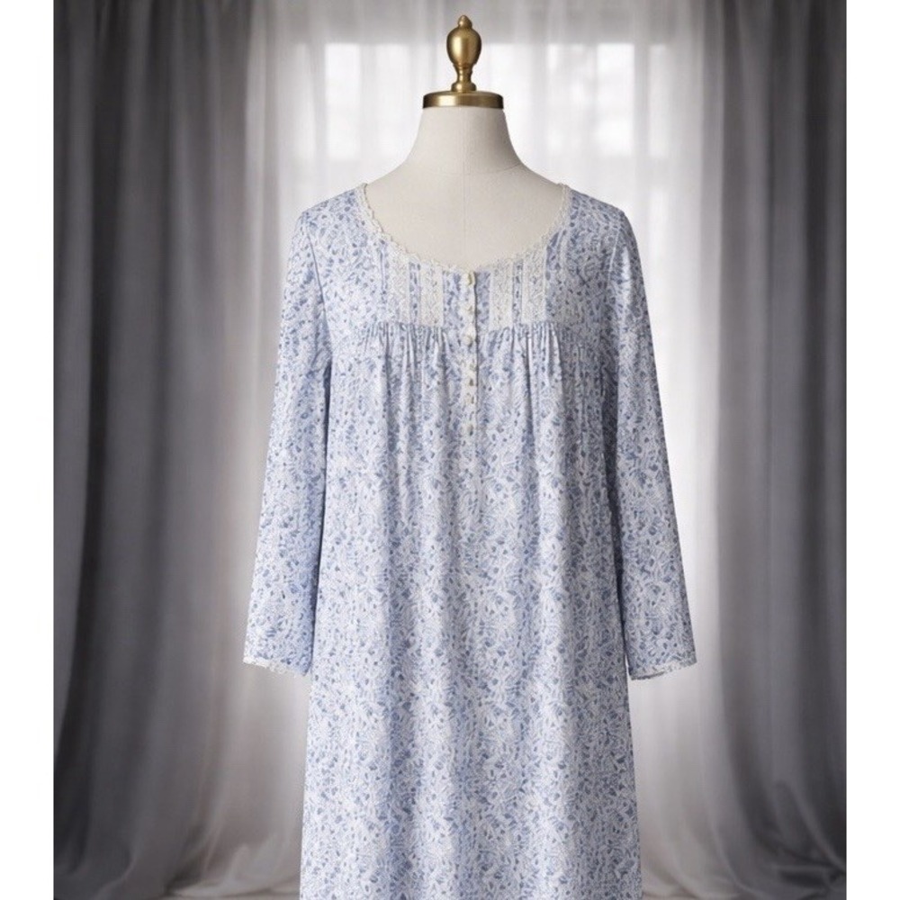 Eileen West Cotton Knit White‎ Blue Floral Midi Length Nightgown Cottagecore 3x